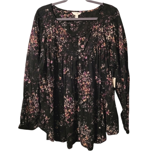 Women's 3X Black floral lightweight button-up blouse Top balloon sleeves peasant - Picture 1 of 15